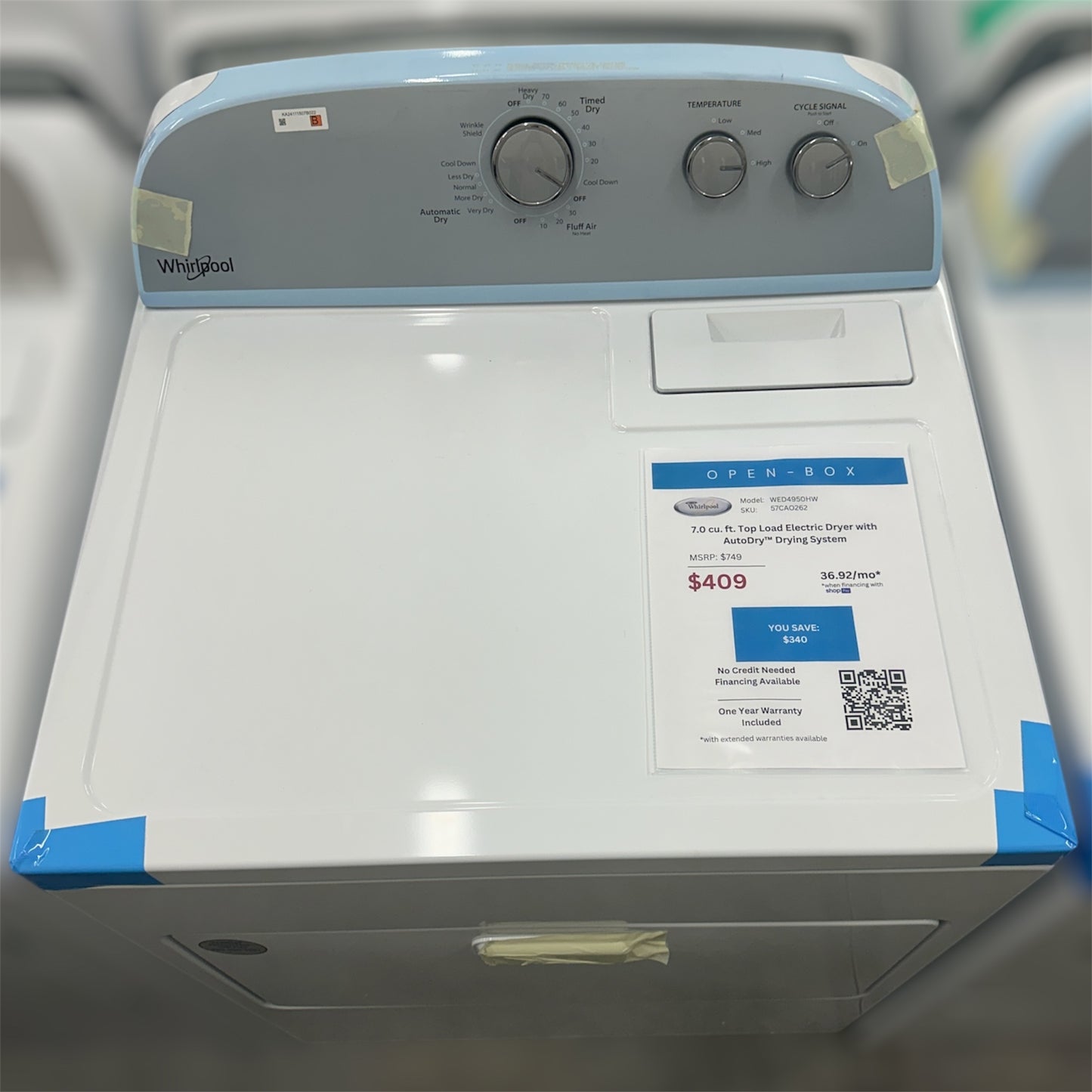 *OF*New, Open Box: Whirlpool 7.0 cu. ft. Electric Dryer with AutoDry™ Drying System - 57CAO262