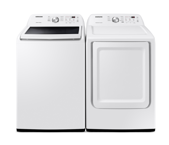 New, In Box: Samsung Top Load Washer & Dryer Set with Vibration Reduction Technology+ and Sensor Dry in White