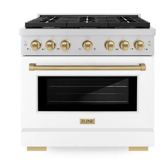 ZLINE Autograph Edition 36 in. 5.2 cu. ft. Paramount Dual Fuel Range with 6 Burner Gas Cooktop and Electric Convection Oven in Stainless Steel with White Matte Door and Champagne Bronze Accents (SDRZ-WM-36-CB)